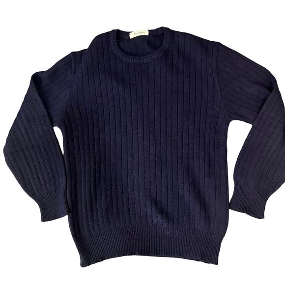 Mansouri Wool Blend Sweater Large Men Navy Blue Rib Knit Crewneck Designer Italy - Picture 1 of 9